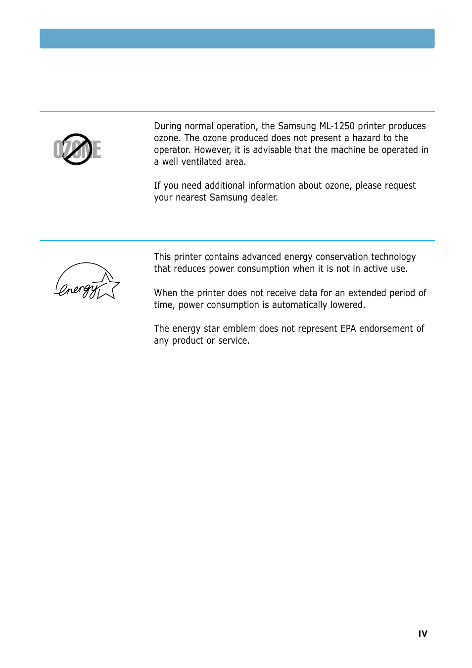 Ozone safety, Power saver, Ozone safety power saver | Samsung ML-1250 User Manual | Page 6 / 136