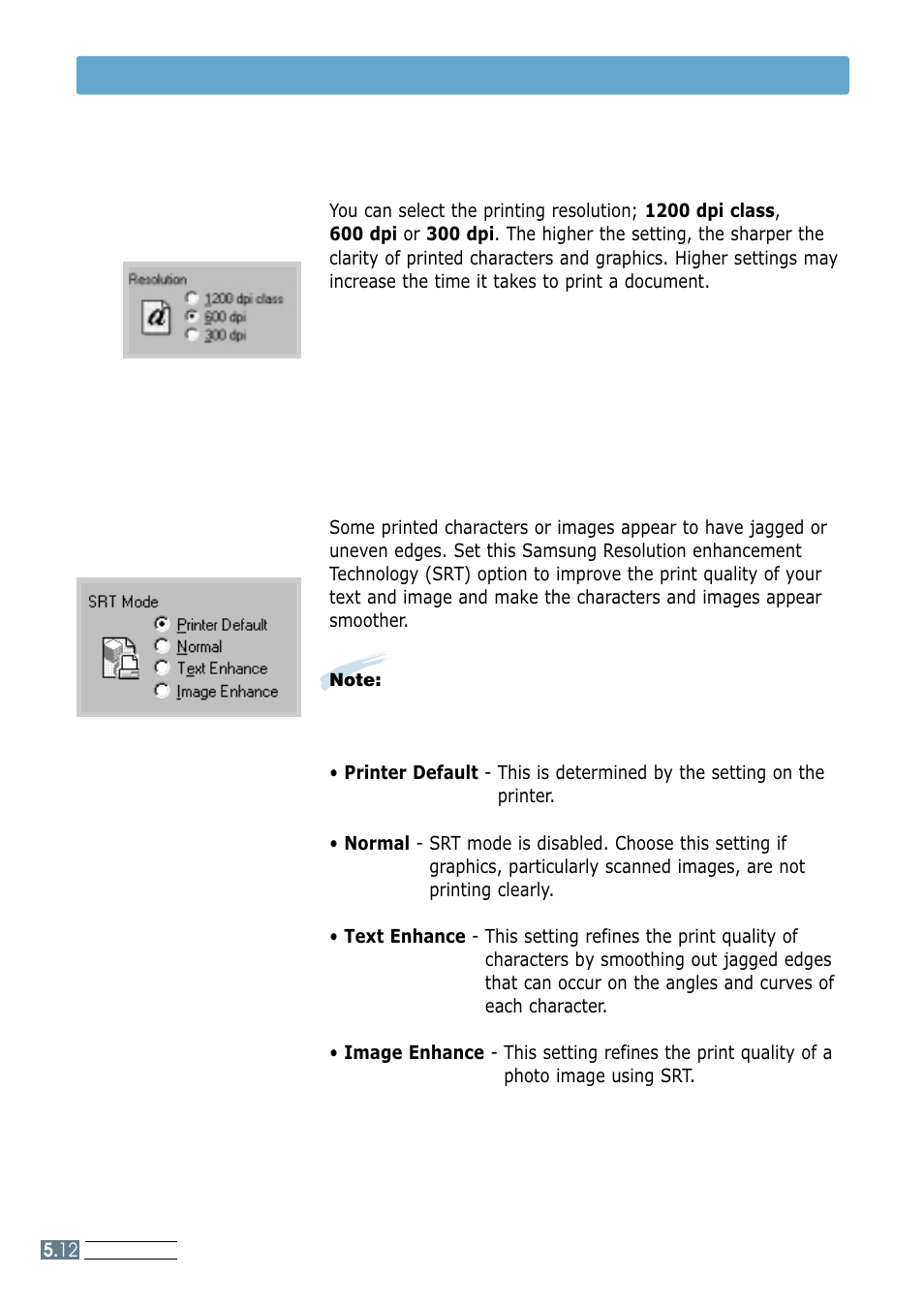 Resolution, Srt mode, Setting graphic properties | Samsung ML-1250 User Manual | Page 60 / 136