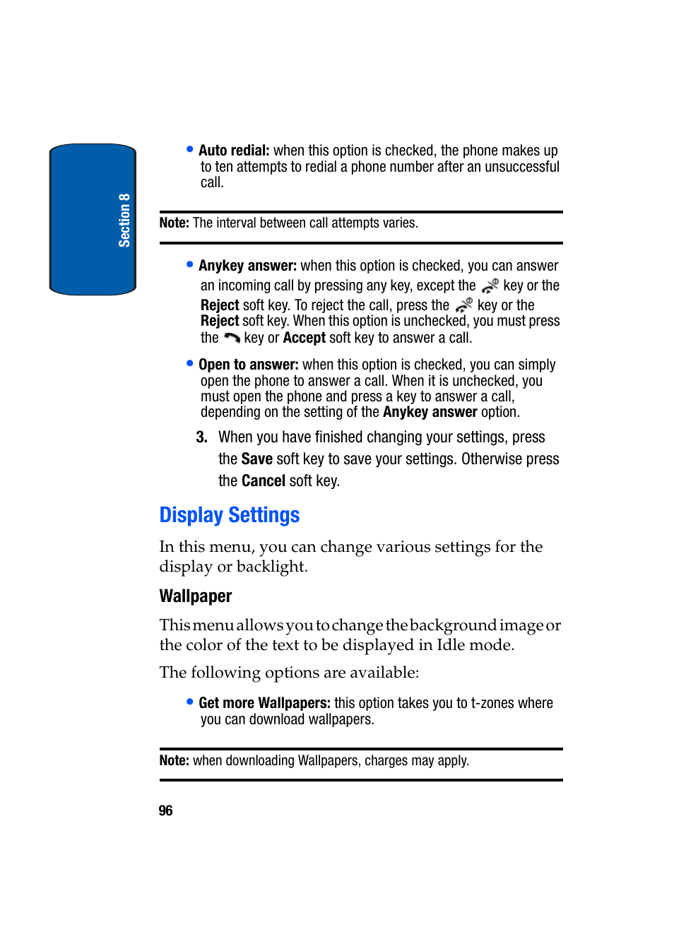 Display settings, Wallpaper | Samsung SGH-t309 User Manual | Page 100 / 198