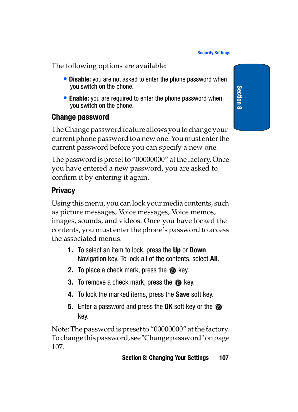 Change password, Privacy | Samsung SGH-t309 User Manual | Page 111 / 198