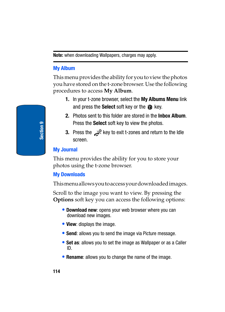 My album, My journal, My downloads | Samsung SGH-t309 User Manual | Page 118 / 198