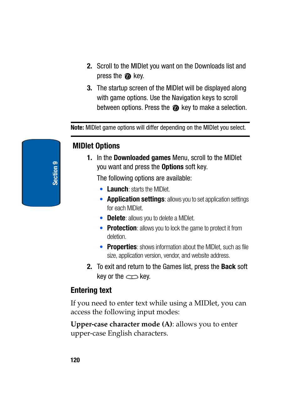 Midlet options, Entering text | Samsung SGH-t309 User Manual | Page 124 / 198