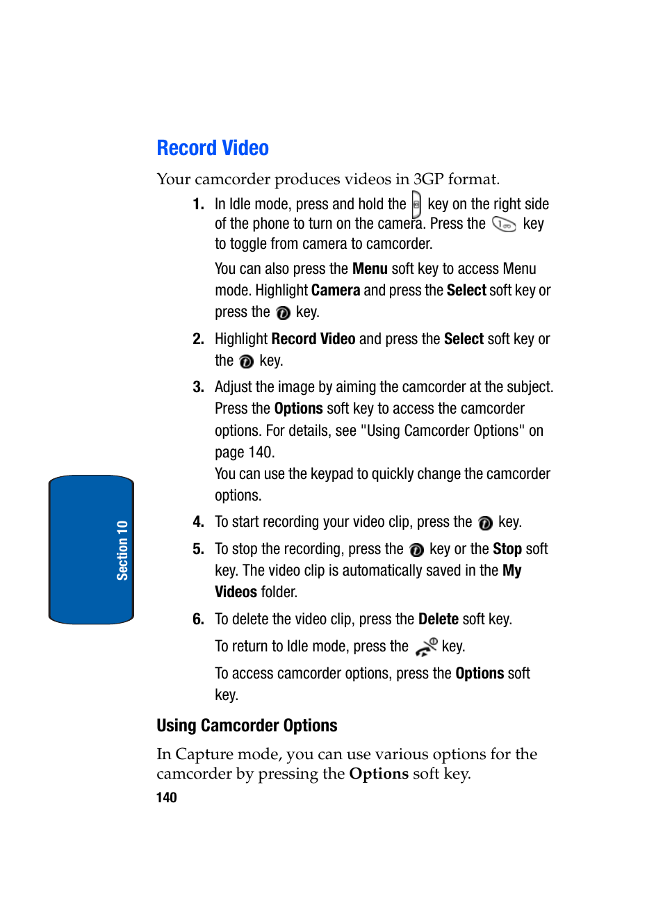 Record video, Using camcorder options | Samsung SGH-t309 User Manual | Page 144 / 198