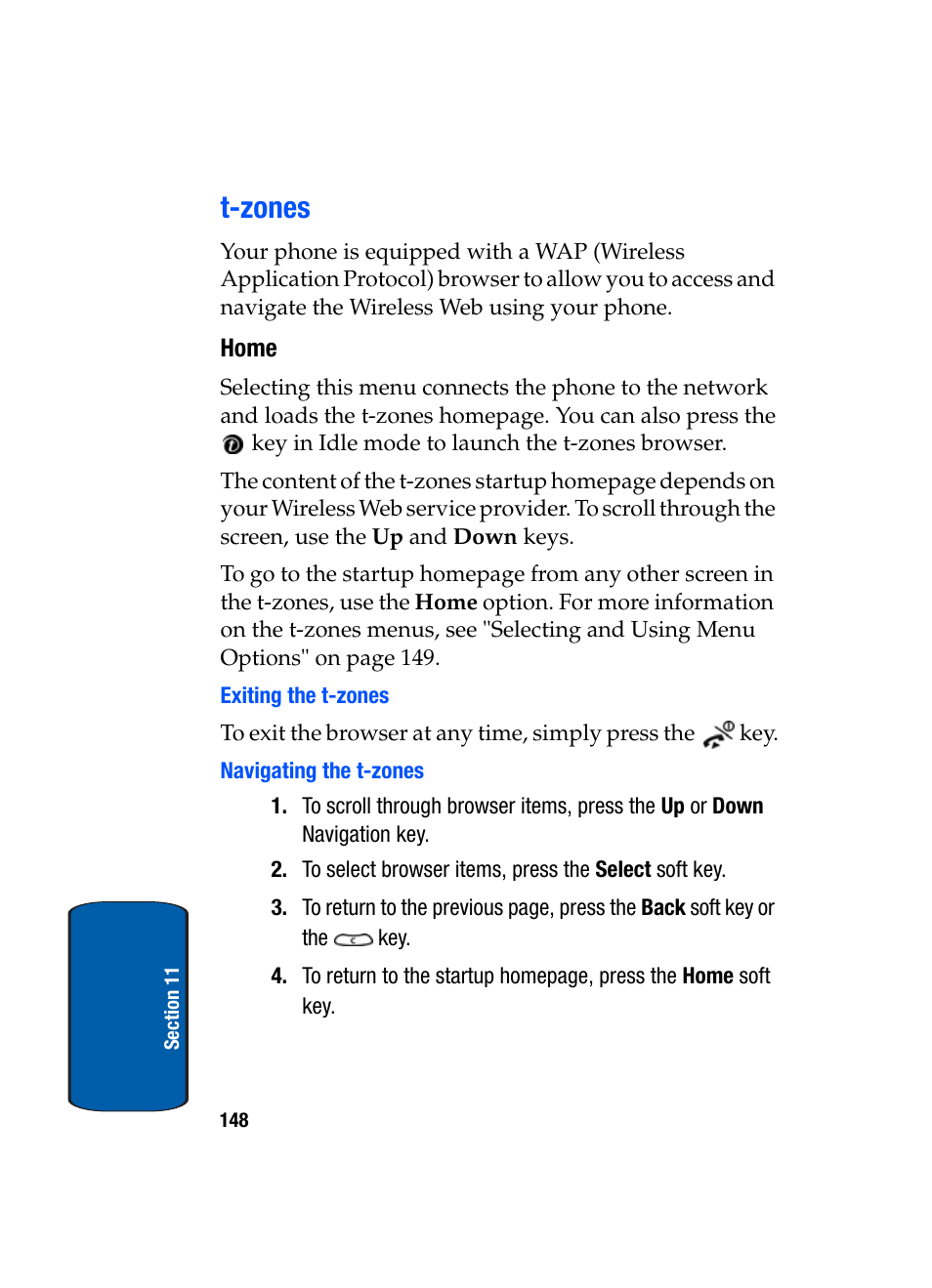 T-zones, Home, Exiting the t-zones | Navigating the t-zones | Samsung SGH-t309 User Manual | Page 152 / 198