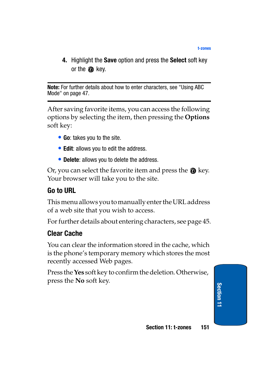 Go to url, Clear cache | Samsung SGH-t309 User Manual | Page 155 / 198