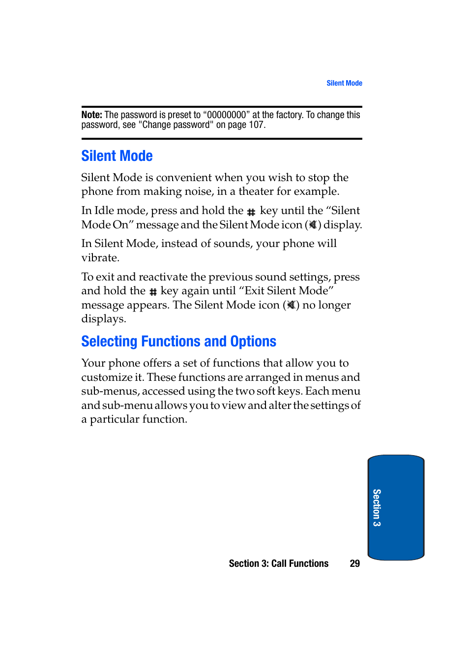 Silent mode, Selecting functions and options, Silent mode selecting functions and options | Samsung SGH-t309 User Manual | Page 33 / 198