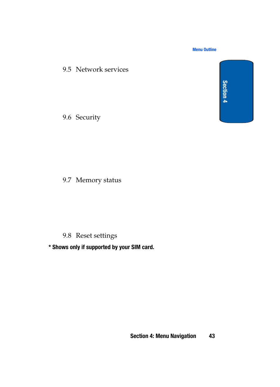 5 network services, 6 security, 8 reset settings | Samsung SGH-t309 User Manual | Page 47 / 198