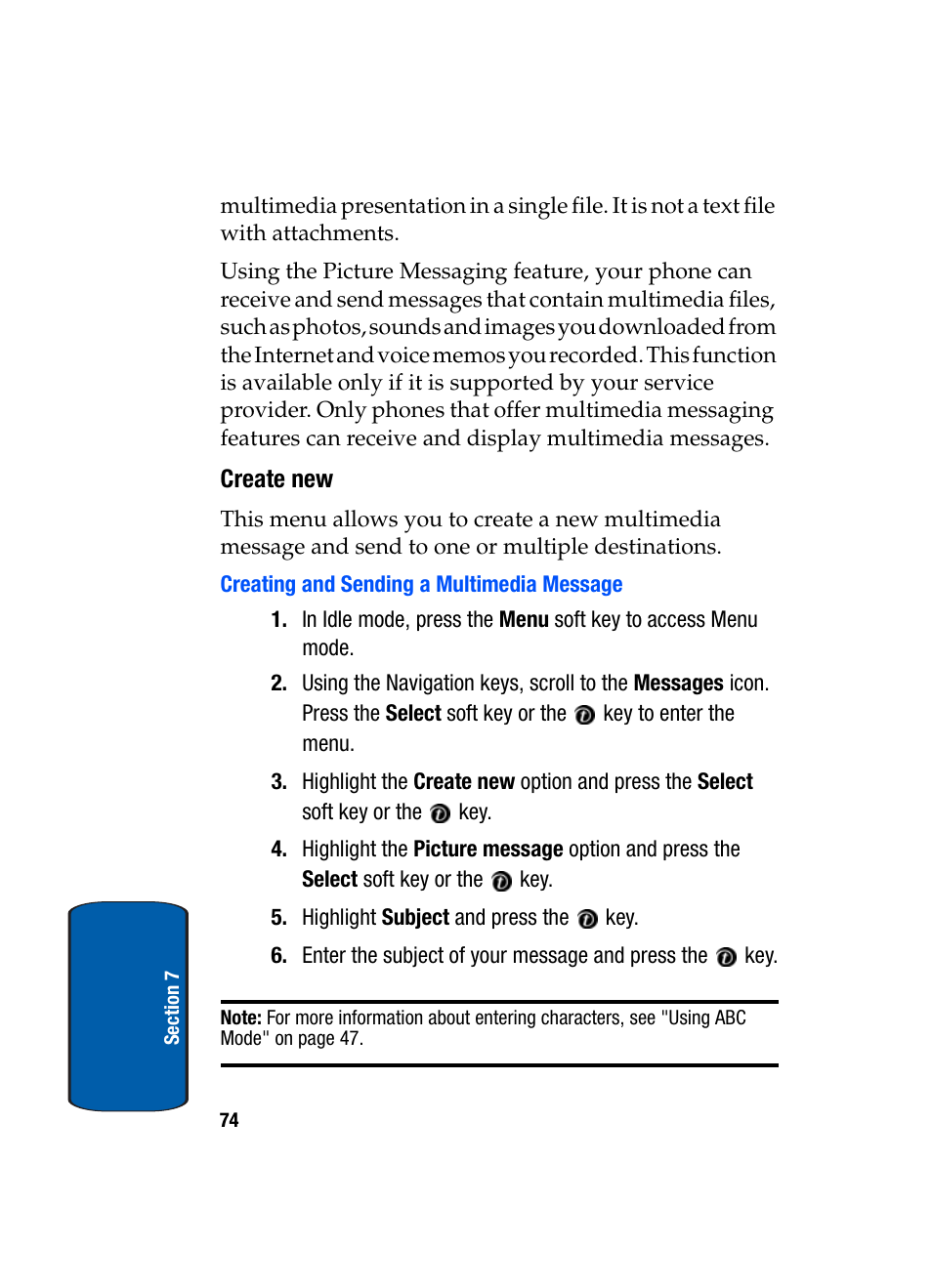 Create new, Creating and sending a multimedia message | Samsung SGH-t309 User Manual | Page 78 / 198