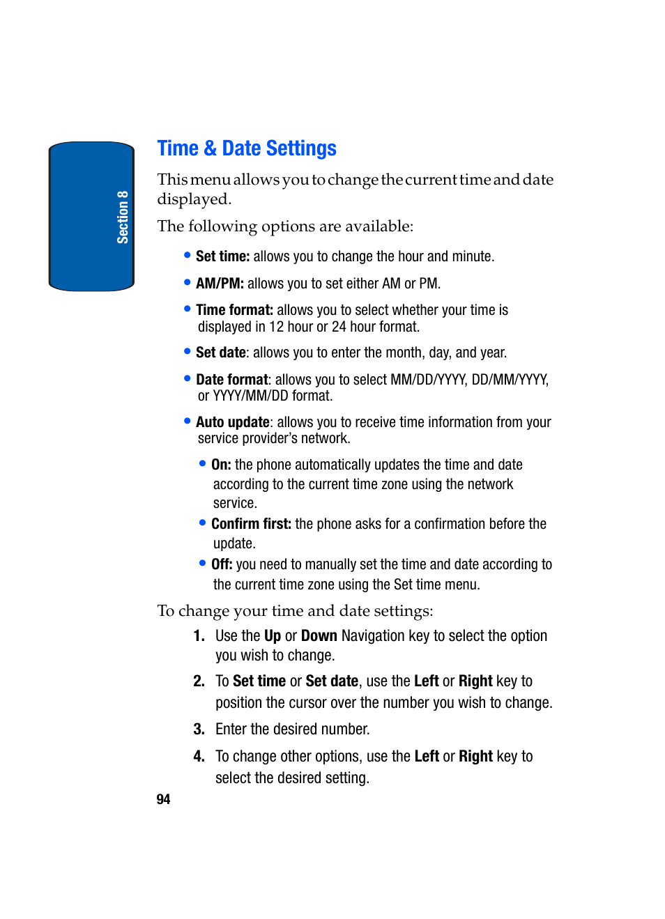 Time & date settings | Samsung SGH-t309 User Manual | Page 98 / 198