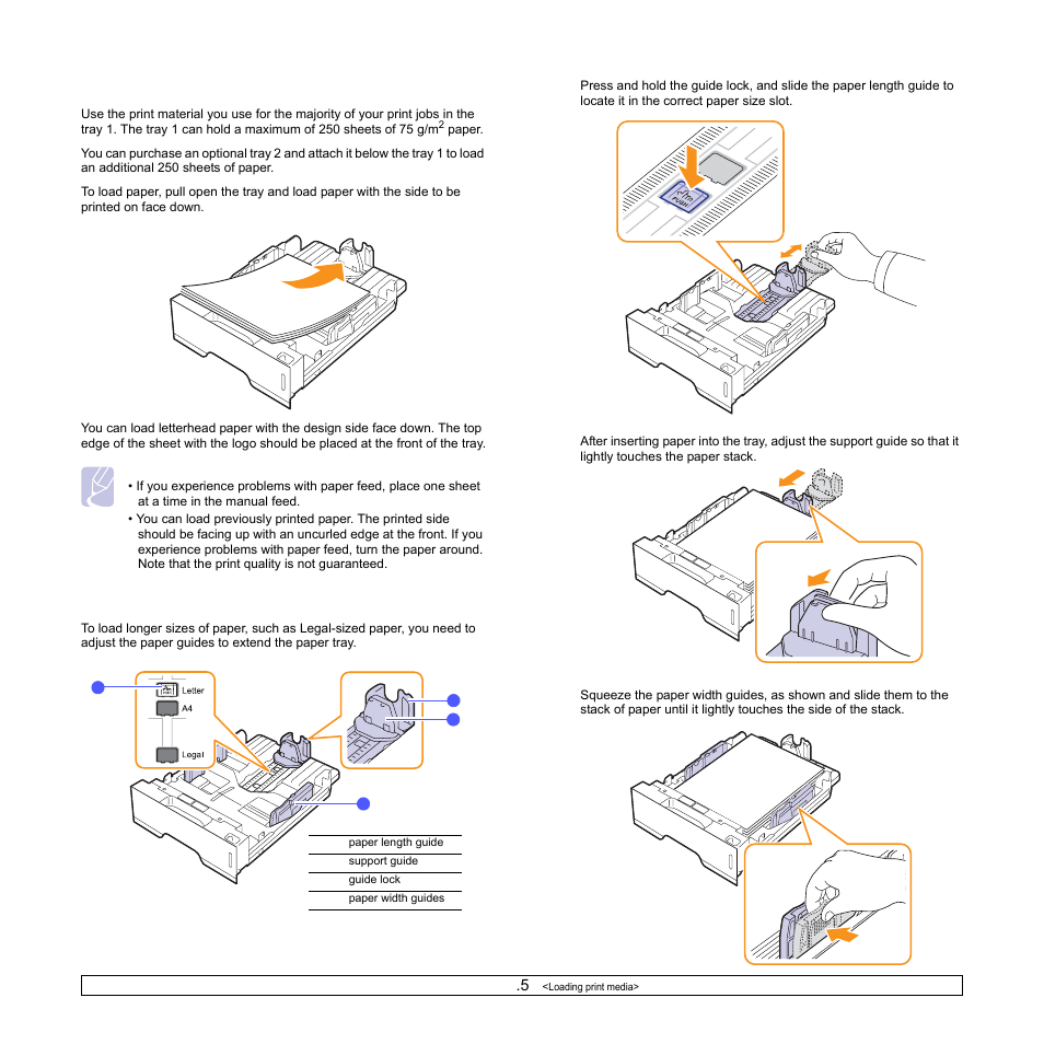Using the tray 1 or the optional tray 2, Changing the size of the paper in the tray 1 | Samsung ML-2850 User Manual | Page 23 / 87