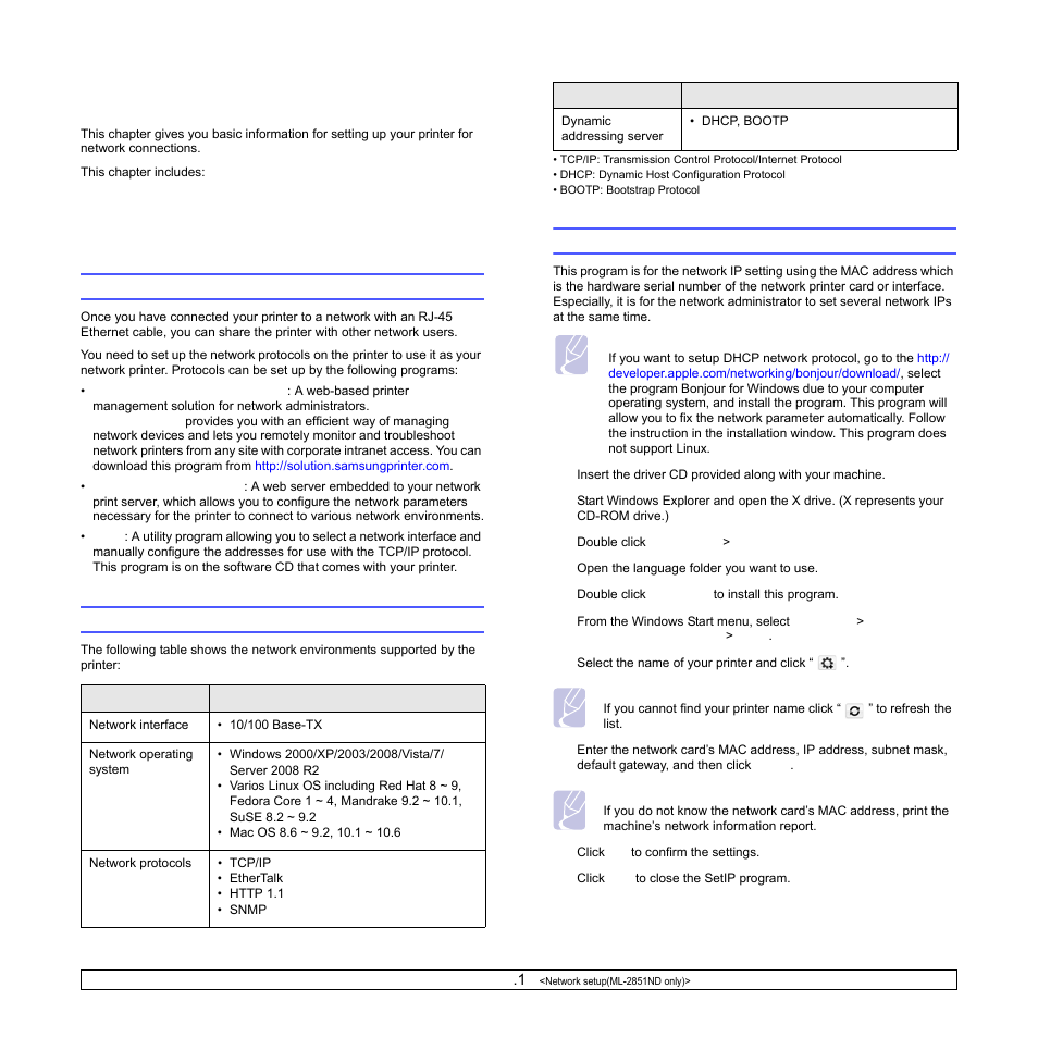 Network setup(ml-2851nd only), Introduction, Supported operating systems | Using setip program, Network setup, Ml-2851nd only) | Samsung ML-2850 User Manual | Page 26 / 87