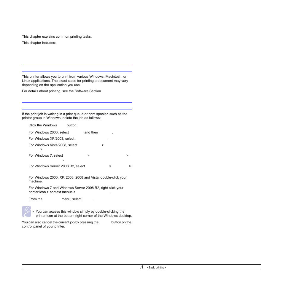 Basic printing, Printing a document, Canceling a print job | Printing a document canceling a print job | Samsung ML-2850 User Manual | Page 27 / 87
