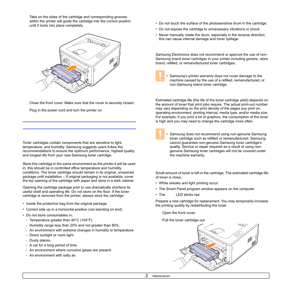 Maintaining the toner cartridge, Redistributing toner cartridge | Samsung ML-2850 User Manual | Page 30 / 87