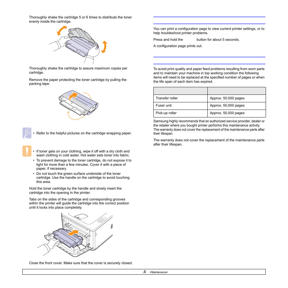 Maintenance parts, Printing a configuration page | Samsung ML-2850 User Manual | Page 32 / 87