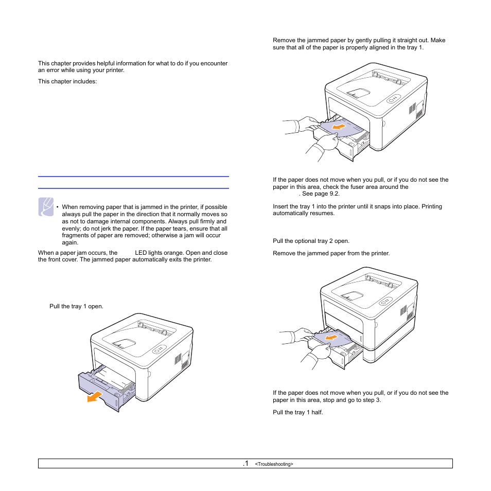 Troubleshooting, Clearing paper jams, In the paper feed area | Samsung ML-2850 User Manual | Page 33 / 87