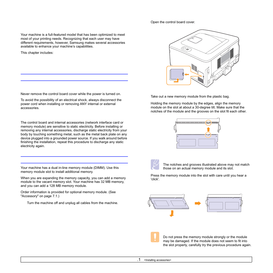 Installing accessories, Precautions to take when installing accessories, Installing a memory module | Samsung ML-2850 User Manual | Page 44 / 87