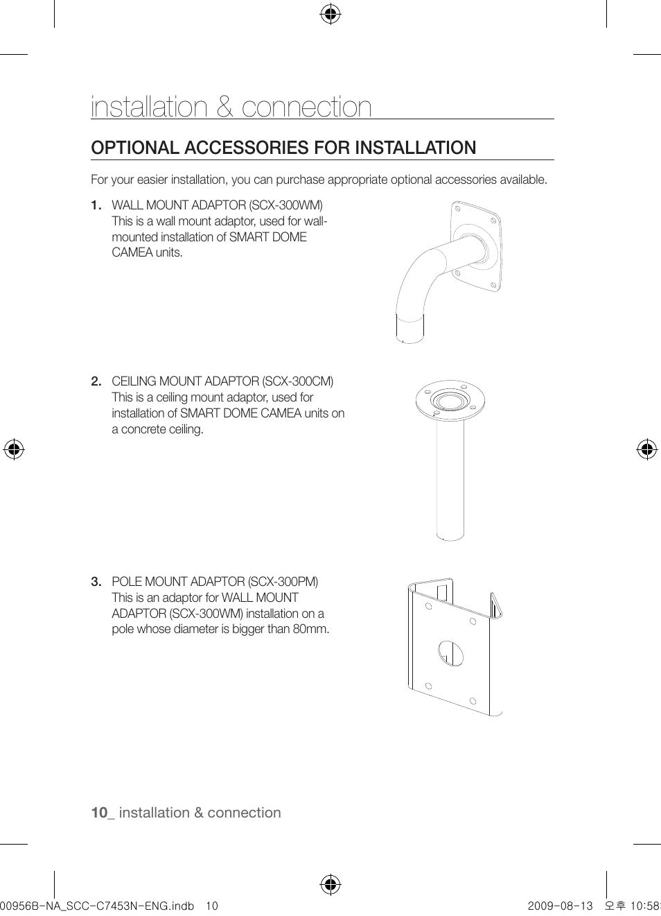 Installation & connection, Optional accessories for installation | Samsung SCC-C7453N User Manual | Page 10 / 54