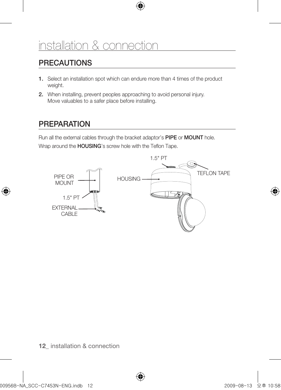 Installation & connection, Precautions, Preparation | Samsung SCC-C7453N User Manual | Page 12 / 54