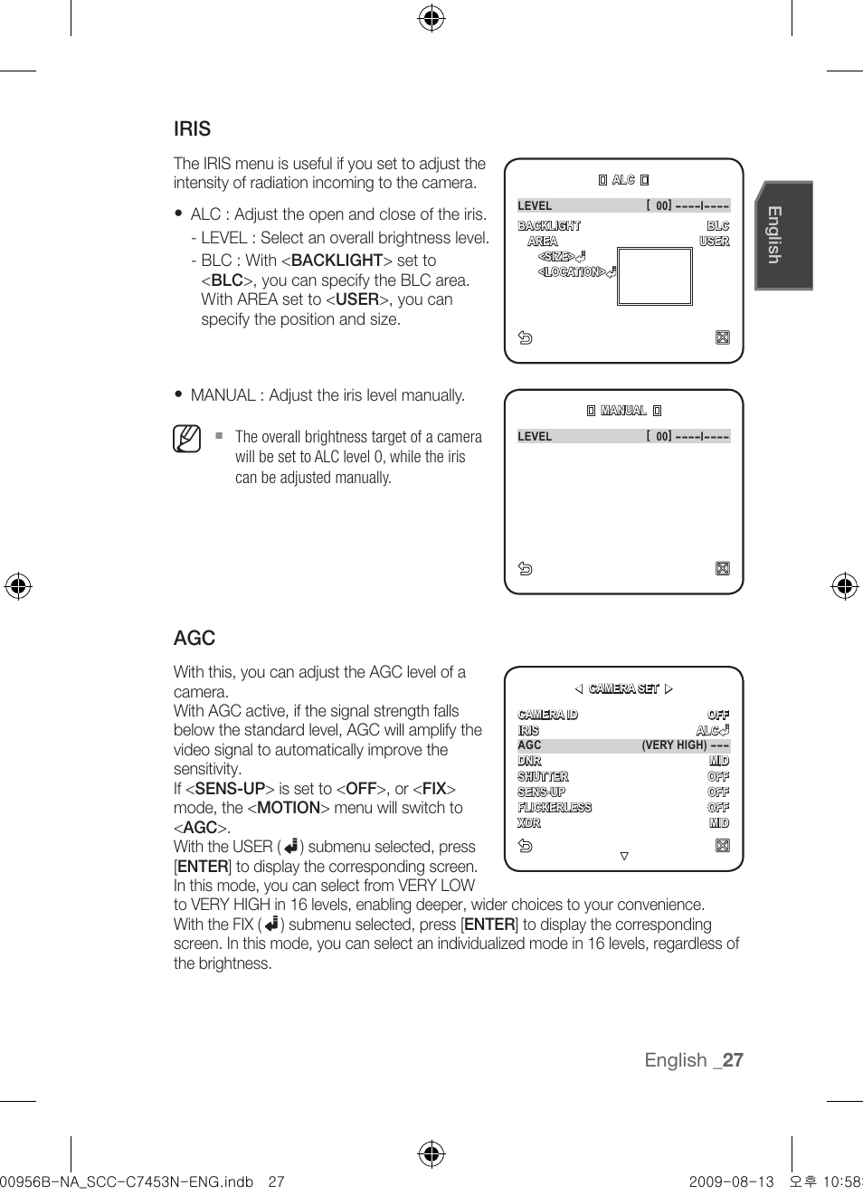 Iris, English | Samsung SCC-C7453N User Manual | Page 27 / 54