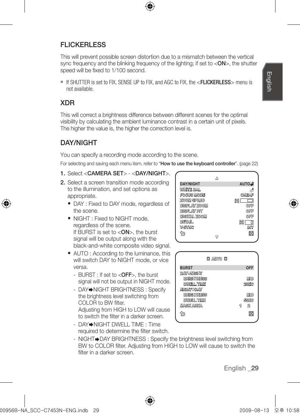 Flickerless, Day/night, English | Samsung SCC-C7453N User Manual | Page 29 / 54