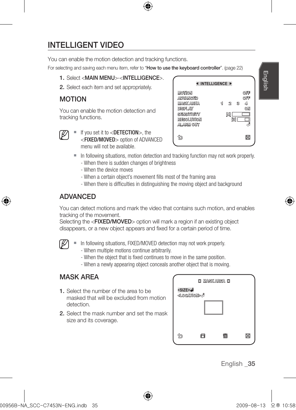 Intelligent video, Motion, Advanced | Mask area, English | Samsung SCC-C7453N User Manual | Page 35 / 54