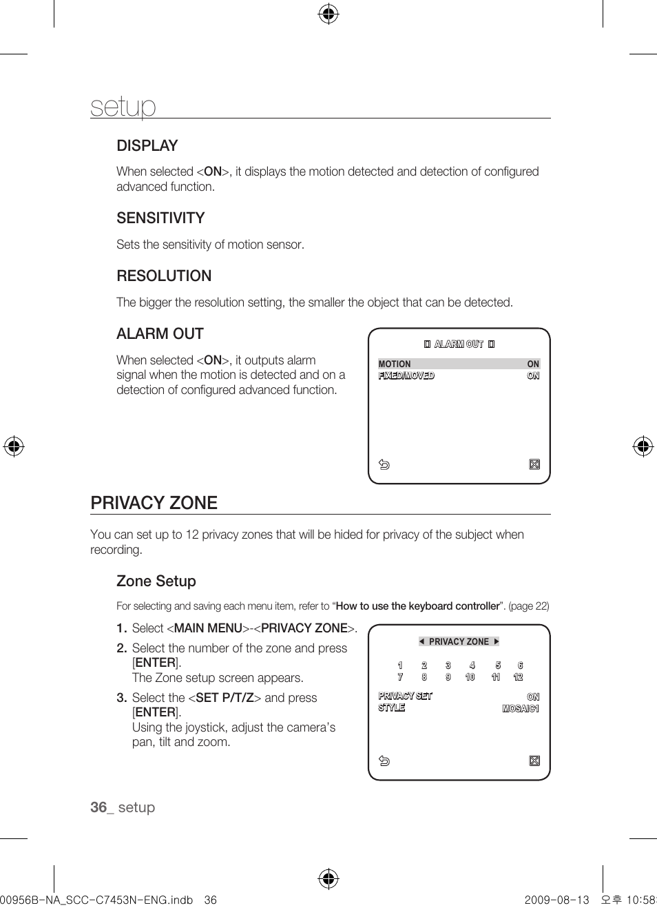 Privacy zone, Display, Sensitivity | Resolution, Alarm out, Zone setup, Setup | Samsung SCC-C7453N User Manual | Page 36 / 54