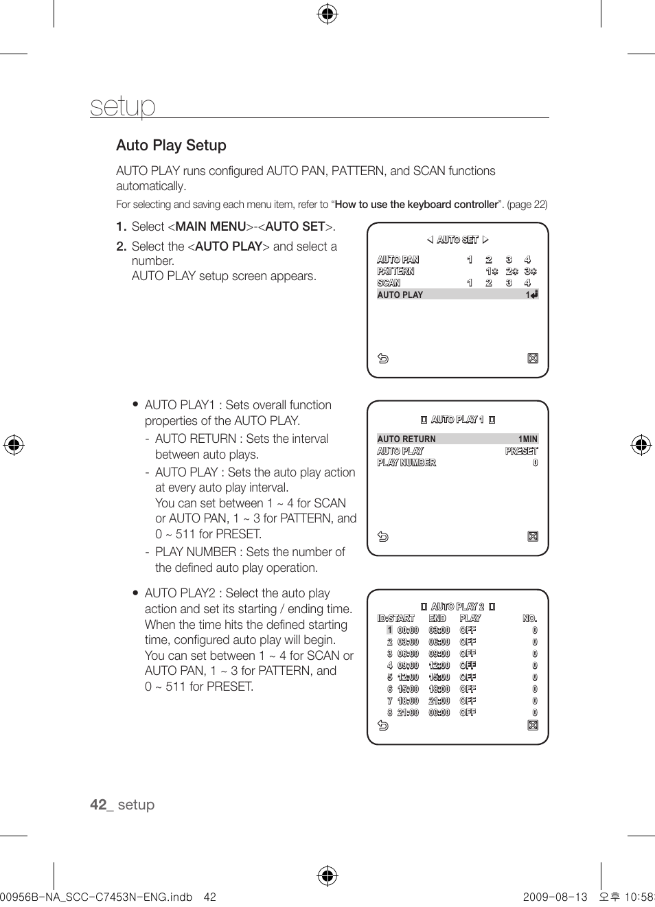 Auto play setup, Setup | Samsung SCC-C7453N User Manual | Page 42 / 54