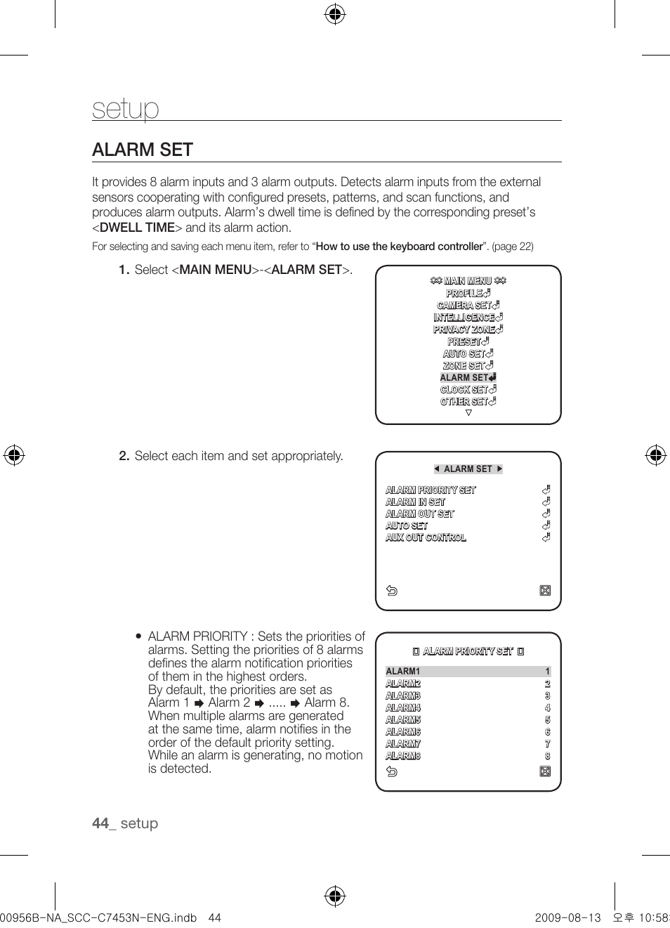 Alarm set, Setup | Samsung SCC-C7453N User Manual | Page 44 / 54