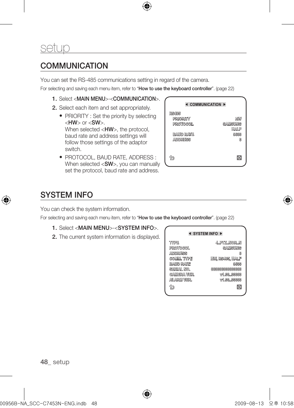 Communication, System info, Setup | Samsung SCC-C7453N User Manual | Page 48 / 54