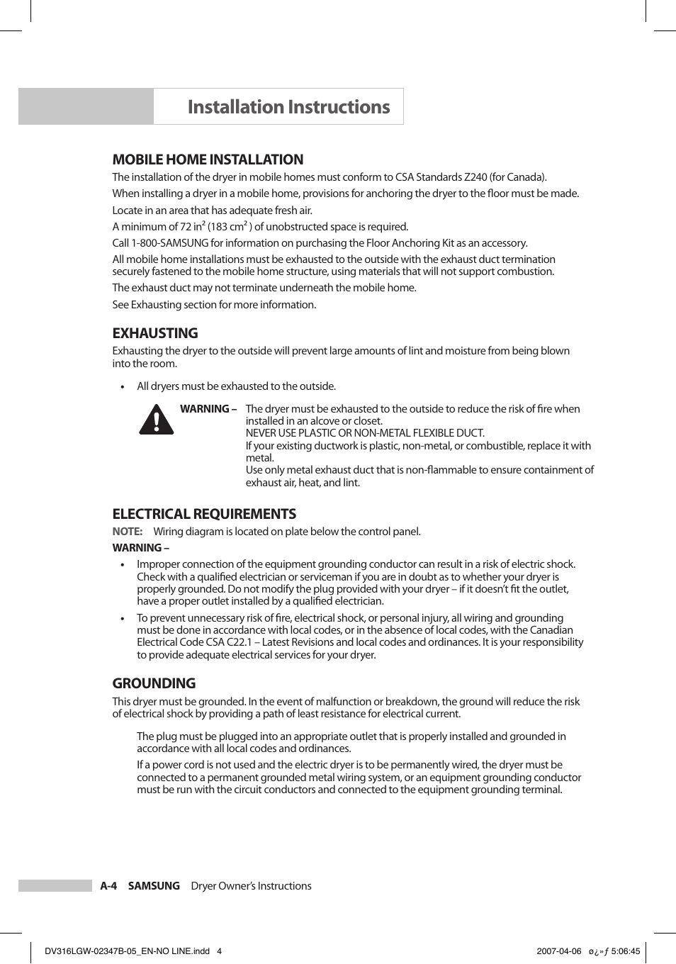 Installation instructions, Mobile home installation, Exhausting | Electrical requirements, Grounding | Samsung DC68-02347B-05 User Manual | Page 10 / 30