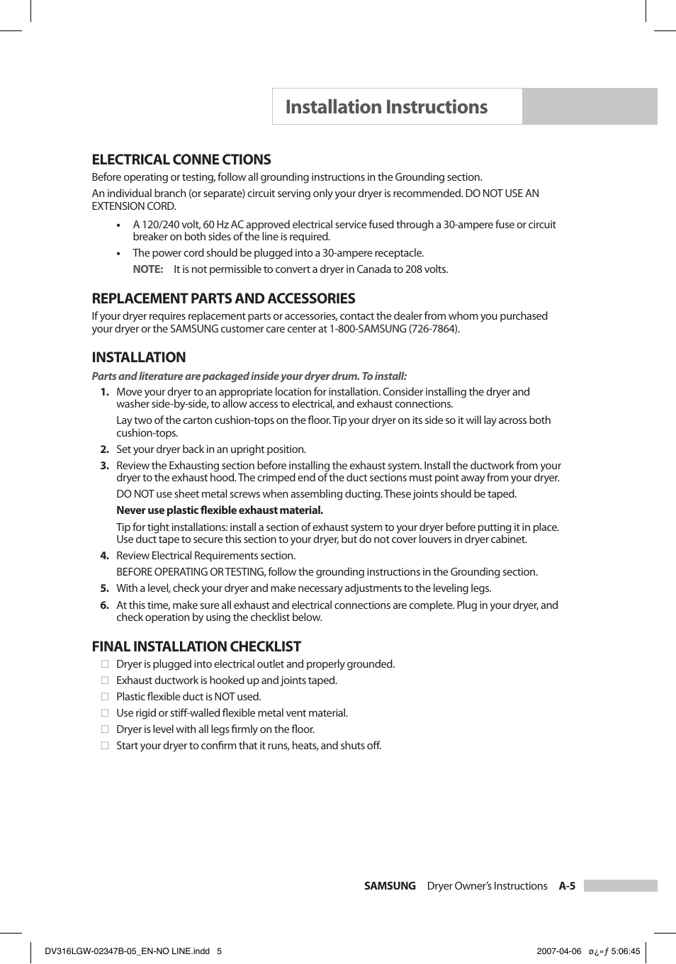 Installation instructions, Electrical conne ctions, Replacement parts and accessories | Installation, Final installation checklist | Samsung DC68-02347B-05 User Manual | Page 11 / 30