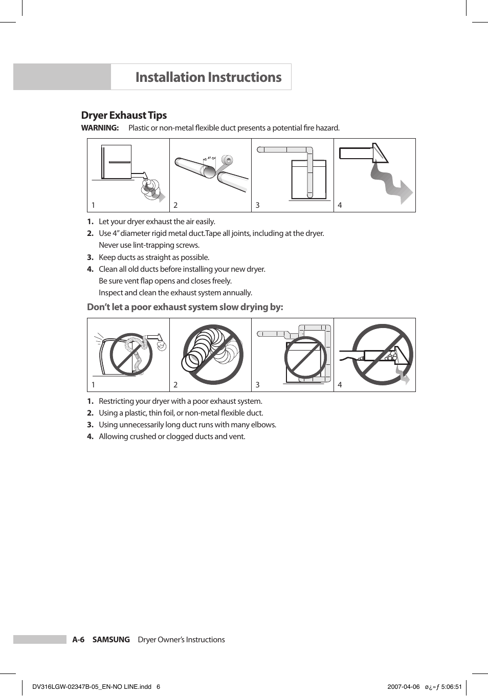 Installation instructions, Dryer exhaust tips | Samsung DC68-02347B-05 User Manual | Page 12 / 30