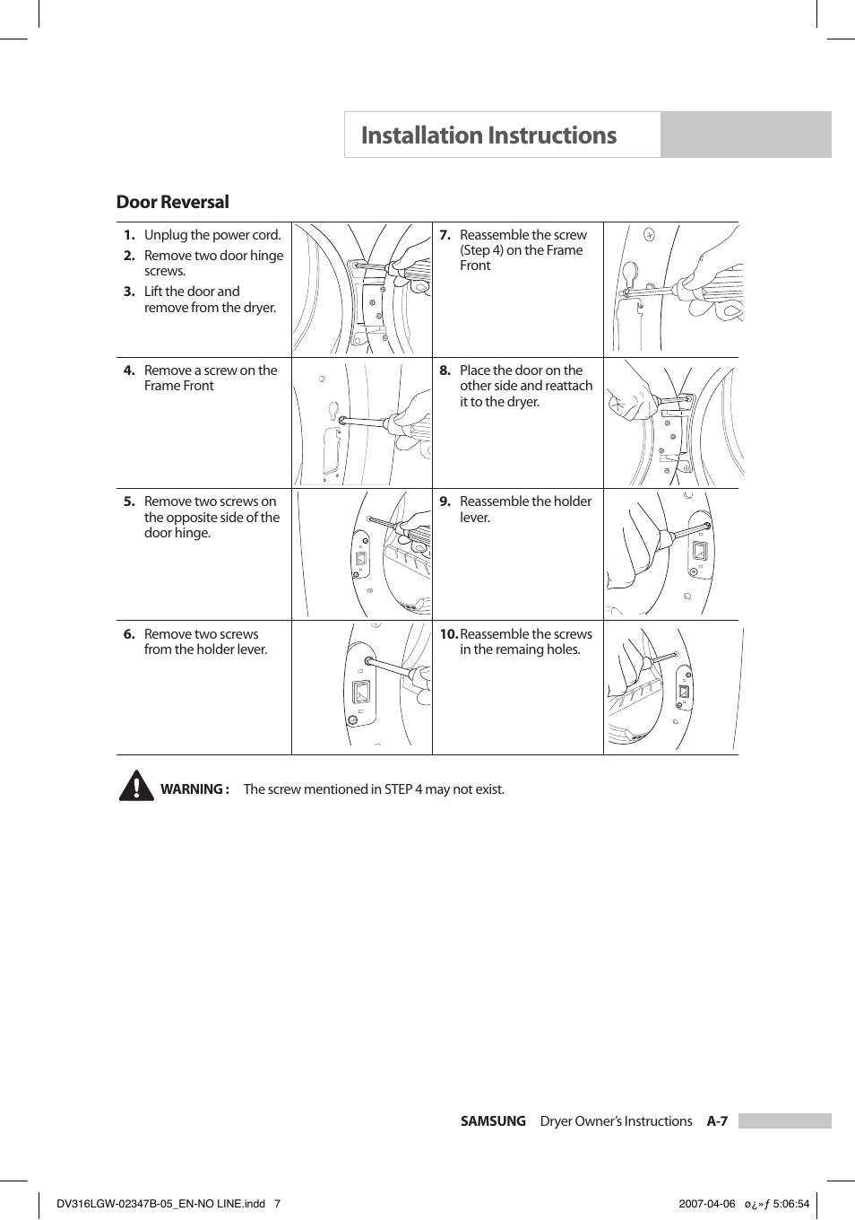 Installation instructions, Door reversal | Samsung DC68-02347B-05 User Manual | Page 13 / 30