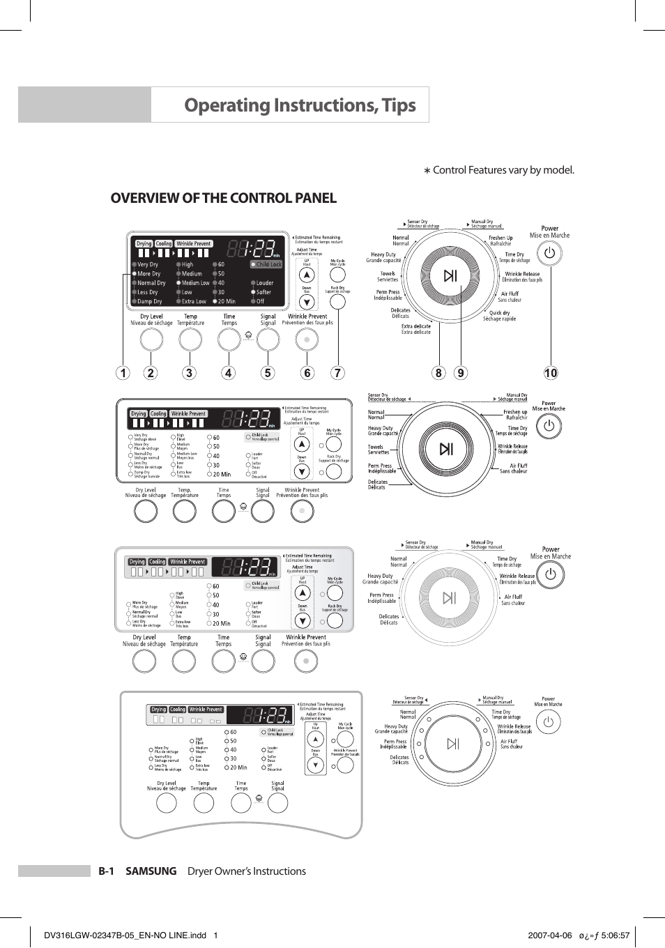 Operating instructions, tips, Overview of the control panel | Samsung DC68-02347B-05 User Manual | Page 14 / 30