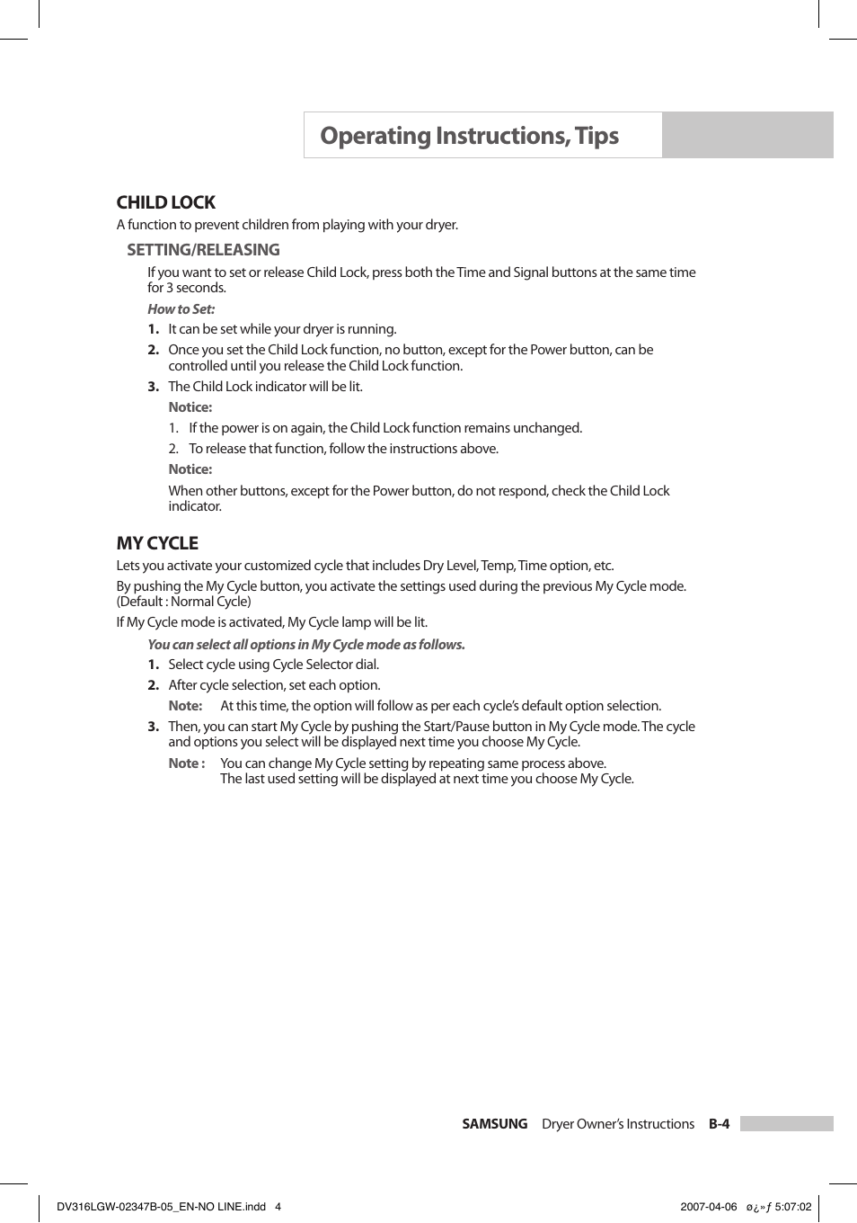 Operating instructions, tips, Child lock, My cycle | Samsung DC68-02347B-05 User Manual | Page 17 / 30