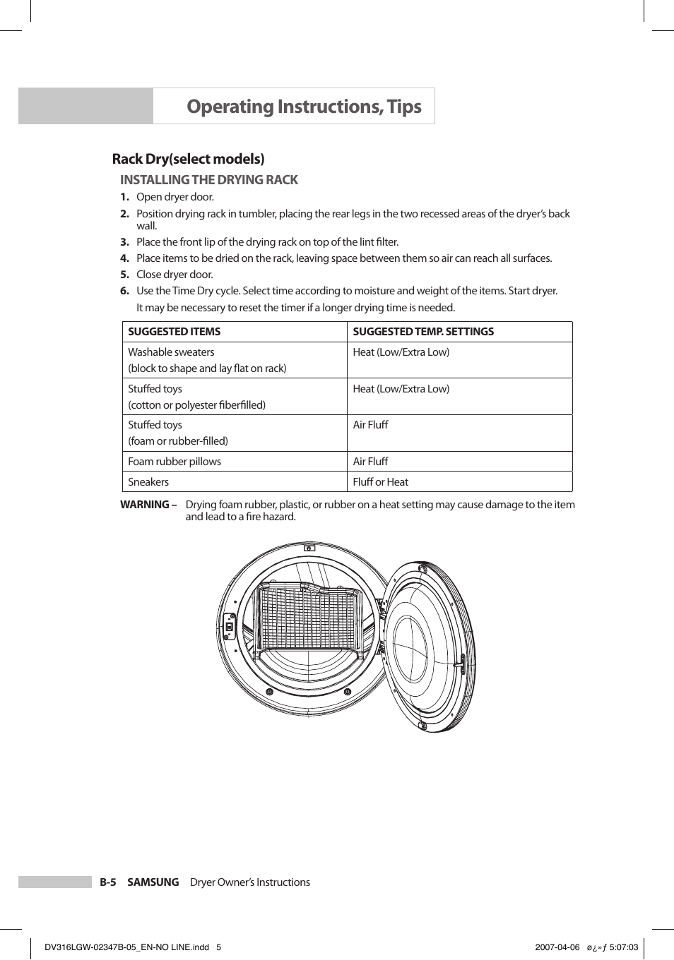 Operating instructions, tips, Rack dry(select models) | Samsung DC68-02347B-05 User Manual | Page 18 / 30