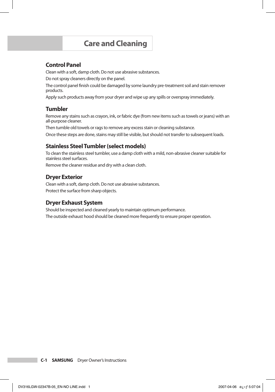 Care and cleaning | Samsung DC68-02347B-05 User Manual | Page 20 / 30