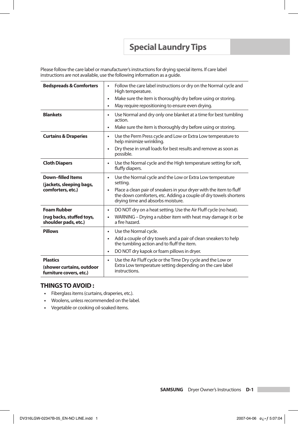 Special laundry tips, Things to avoid | Samsung DC68-02347B-05 User Manual | Page 21 / 30