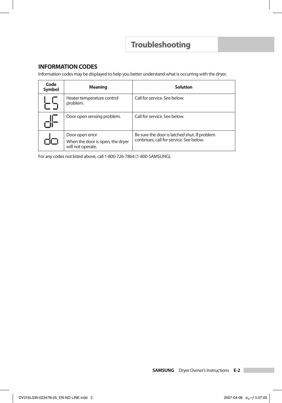 Troubleshooting, Information codes | Samsung DC68-02347B-05 User Manual | Page 23 / 30