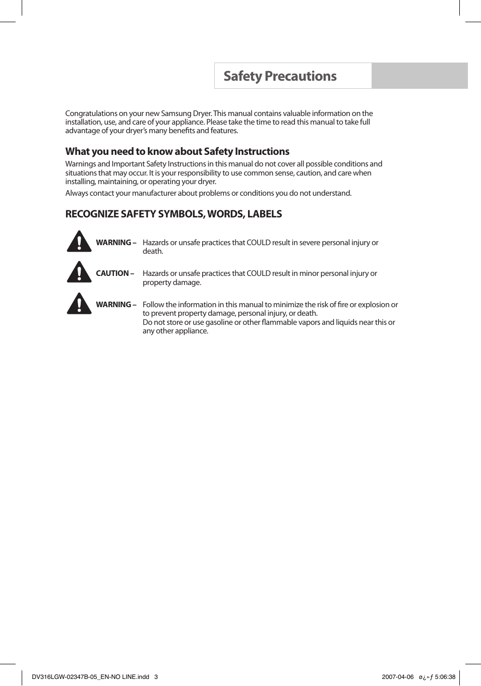 Safety precautions, What you need to know about safety instructions, Recognize safety symbols, words, labels | Samsung DC68-02347B-05 User Manual | Page 3 / 30