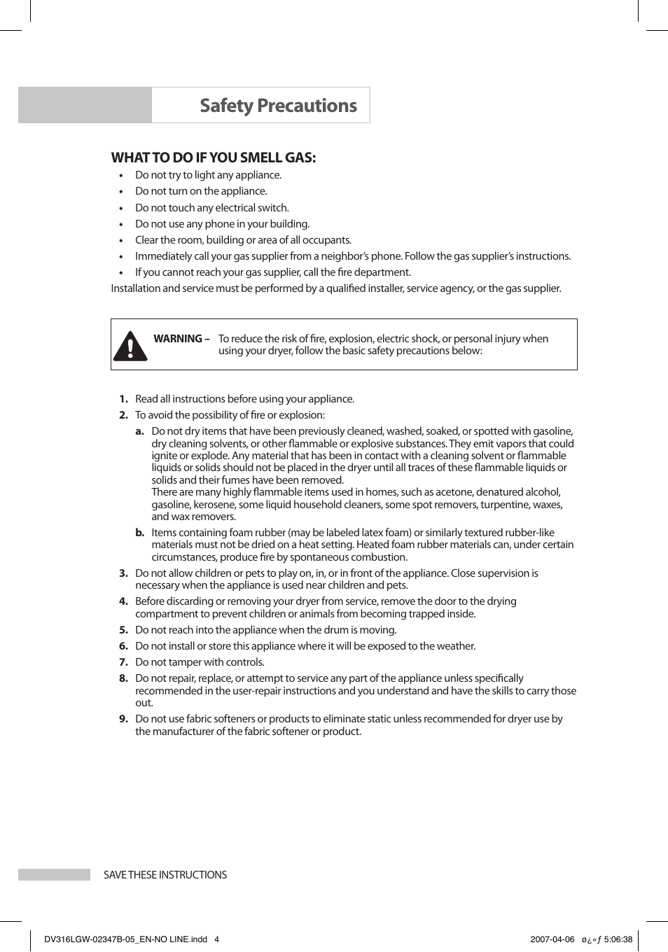Safety precautions, What to do if you smell gas | Samsung DC68-02347B-05 User Manual | Page 4 / 30