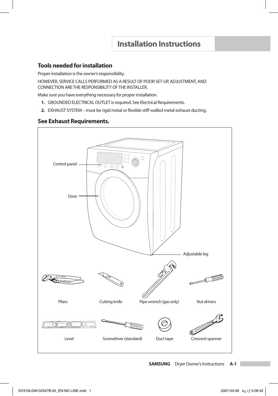 Installation instructions, Tools needed for installation, See exhaust requirements | Samsung DC68-02347B-05 User Manual | Page 7 / 30