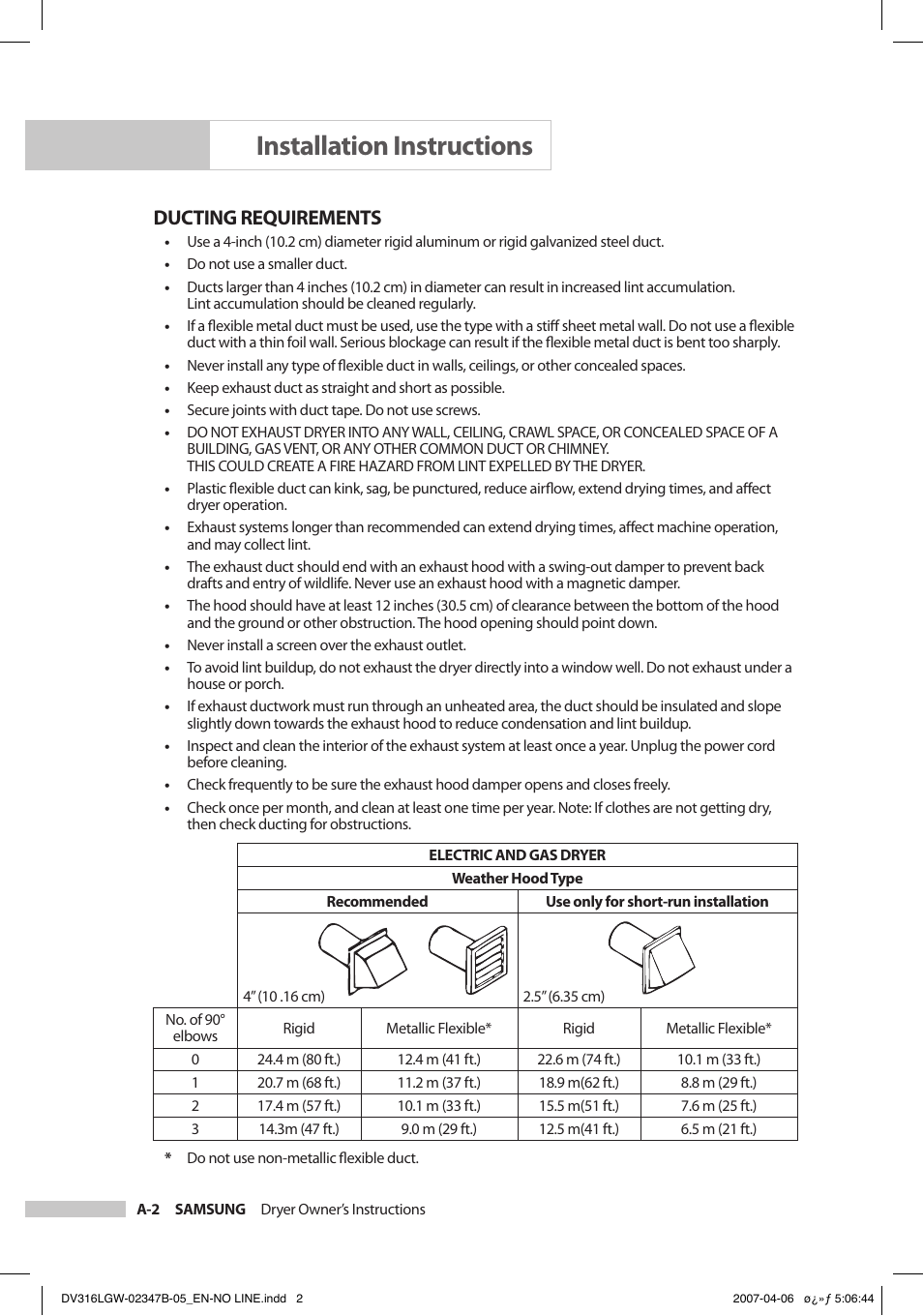 Installation instructions, Ducting requirements | Samsung DC68-02347B-05 User Manual | Page 8 / 30