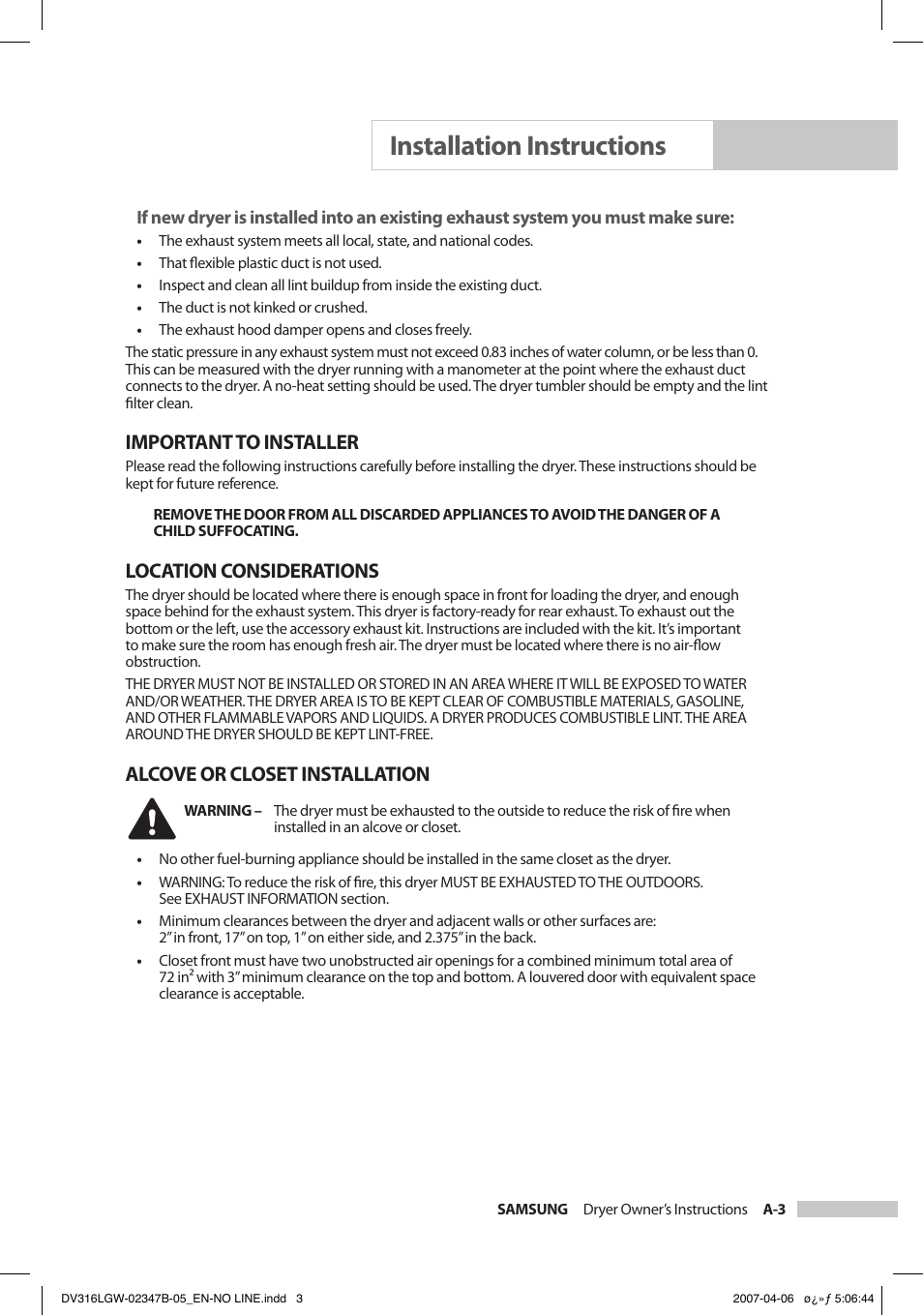 Installation instructions, Important to installer, Location considerations | Alcove or closet installation | Samsung DC68-02347B-05 User Manual | Page 9 / 30