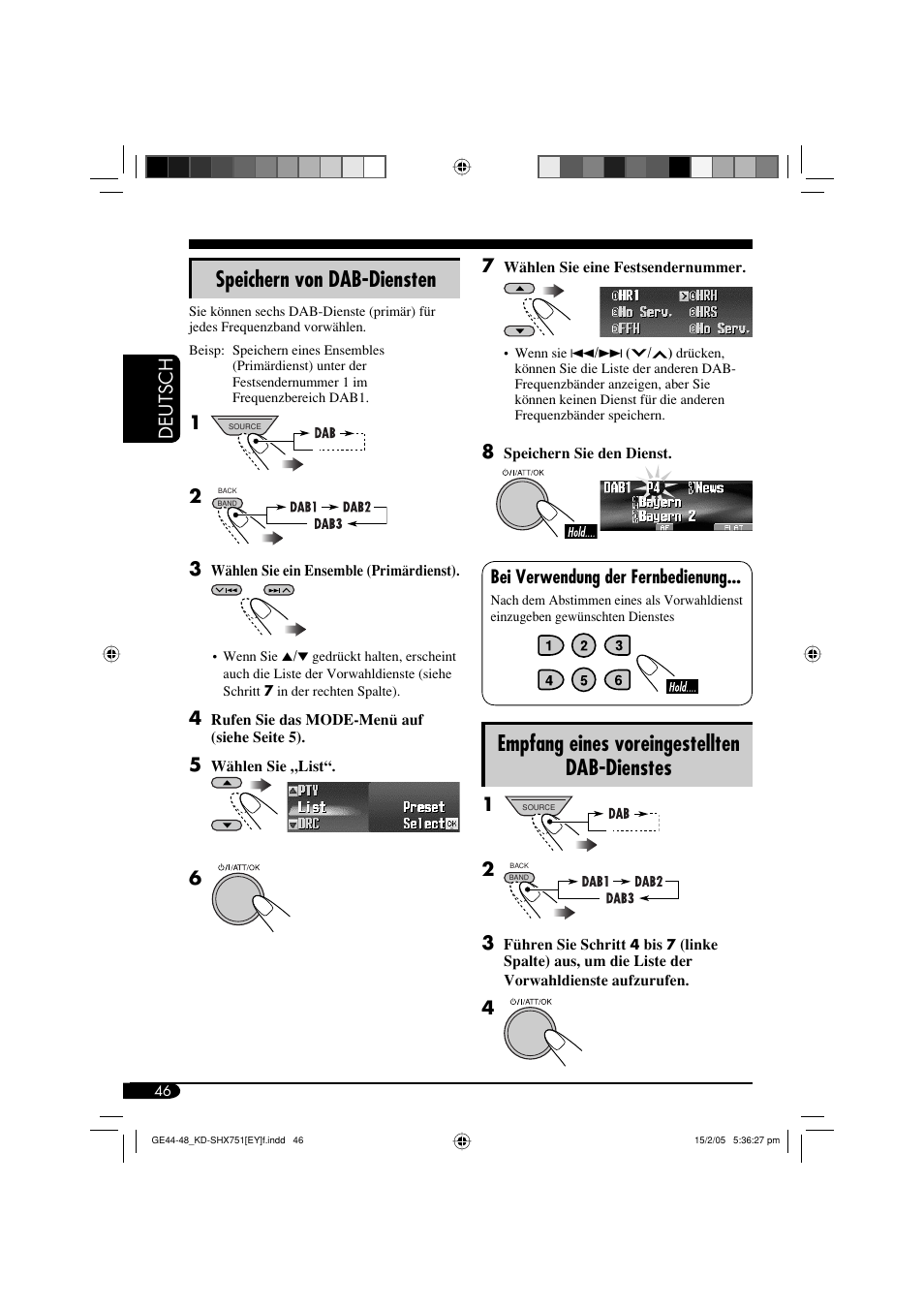Empfang eines voreingestellten dab-dienstes, Speichern von dab-diensten, Deutsch 7 | Bei verwendung der fernbedienung | JVC KD-SHX751 User Manual | Page 102 / 171