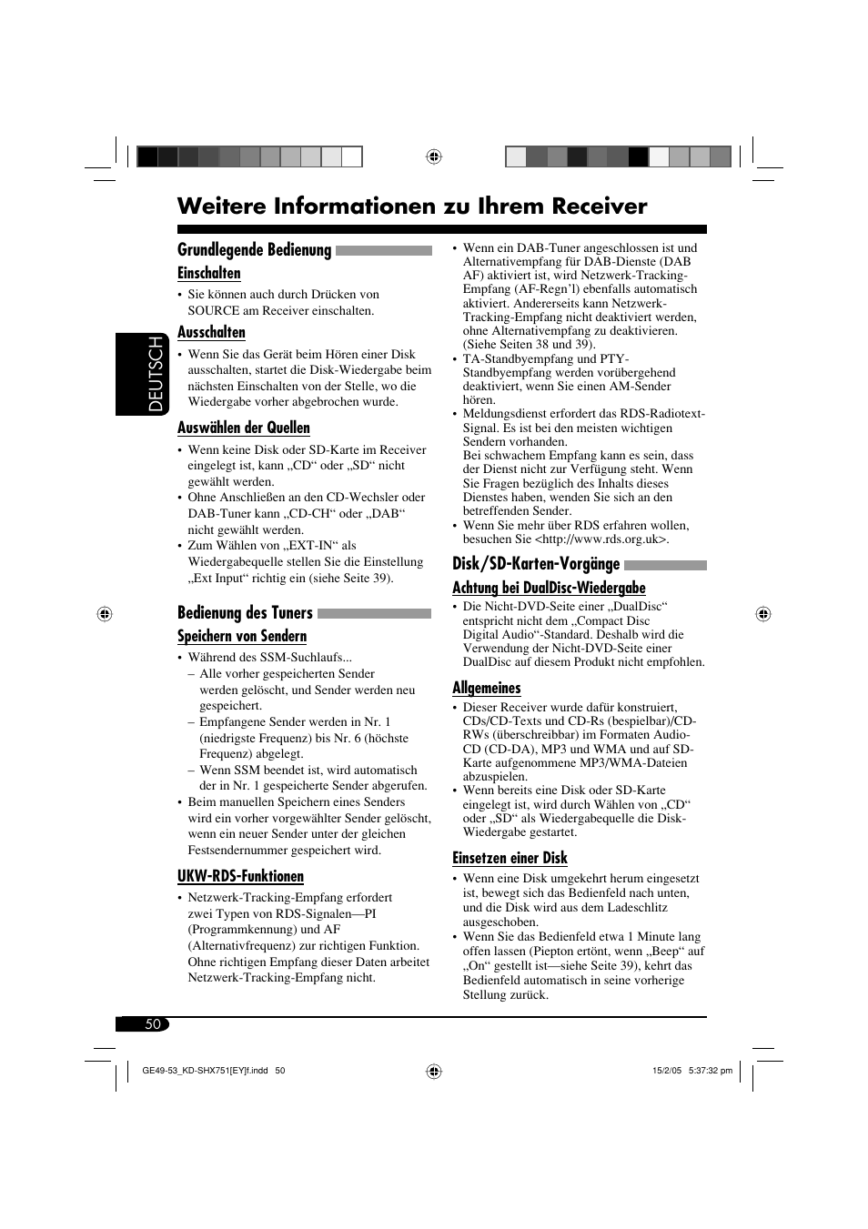 Weitere informationen zu ihrem receiver, Deutsch, Grundlegende bedienung | Bedienung des tuners, Disk/sd-karten-vorgänge | JVC KD-SHX751 User Manual | Page 106 / 171