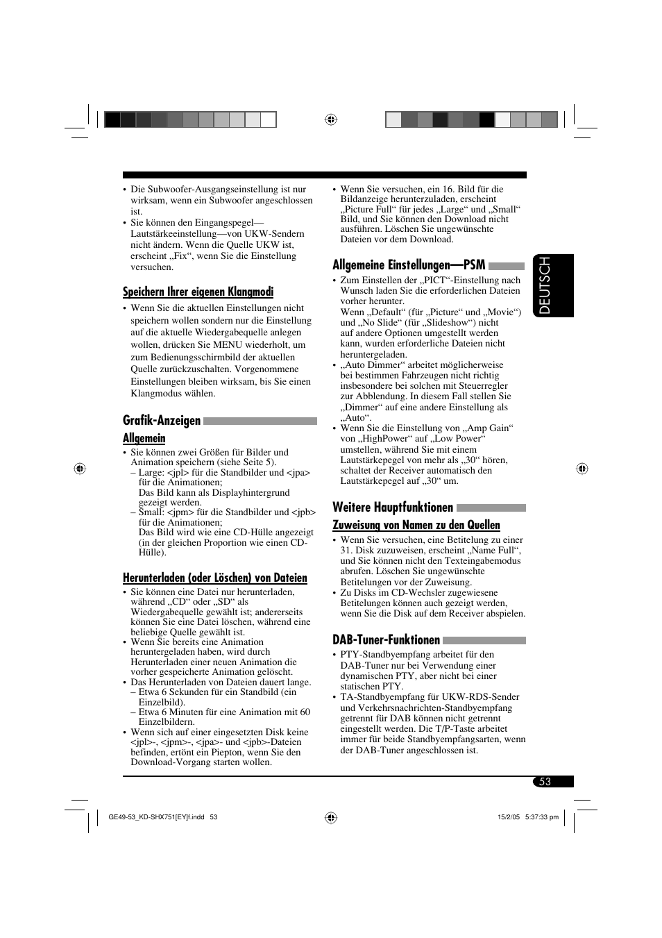 Deutsch, Allgemeine einstellungen—psm, Weitere hauptfunktionen | Dab-tuner-funktionen, Grafik-anzeigen | JVC KD-SHX751 User Manual | Page 109 / 171