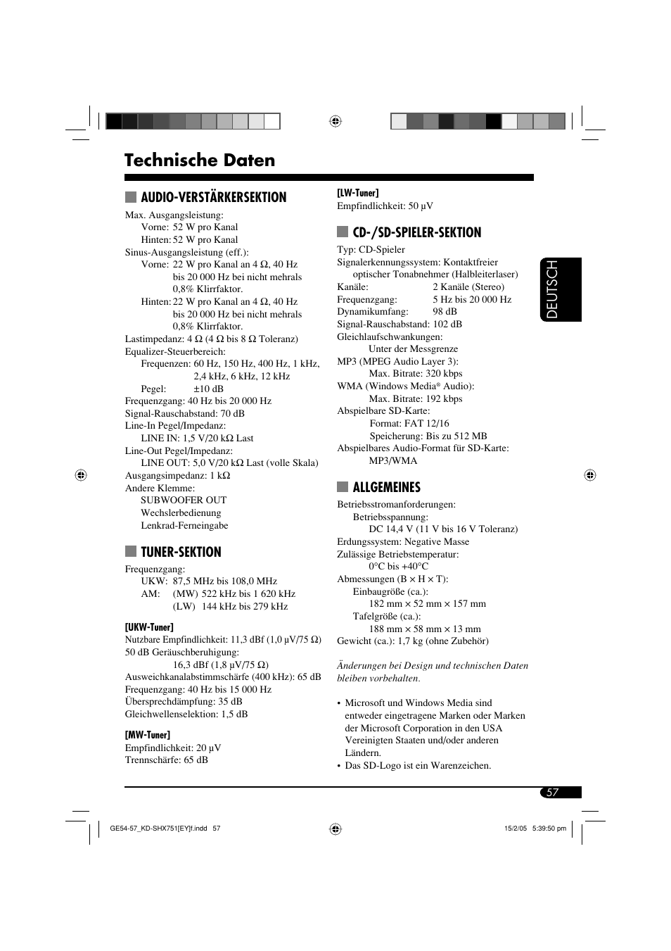 Technische daten, Deutsch, Cd-/sd-spieler-sektion | Allgemeines, Audio-verstärkersektion, Tuner-sektion | JVC KD-SHX751 User Manual | Page 113 / 171