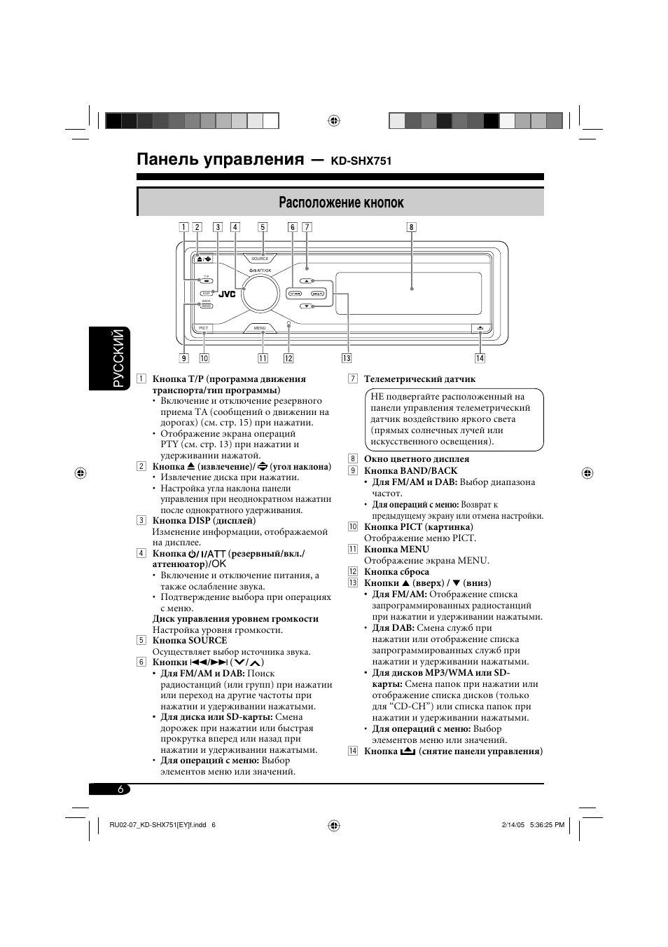 Панель управления, Расположение кнопок, Руcckий | JVC KD-SHX751 User Manual | Page 118 / 171