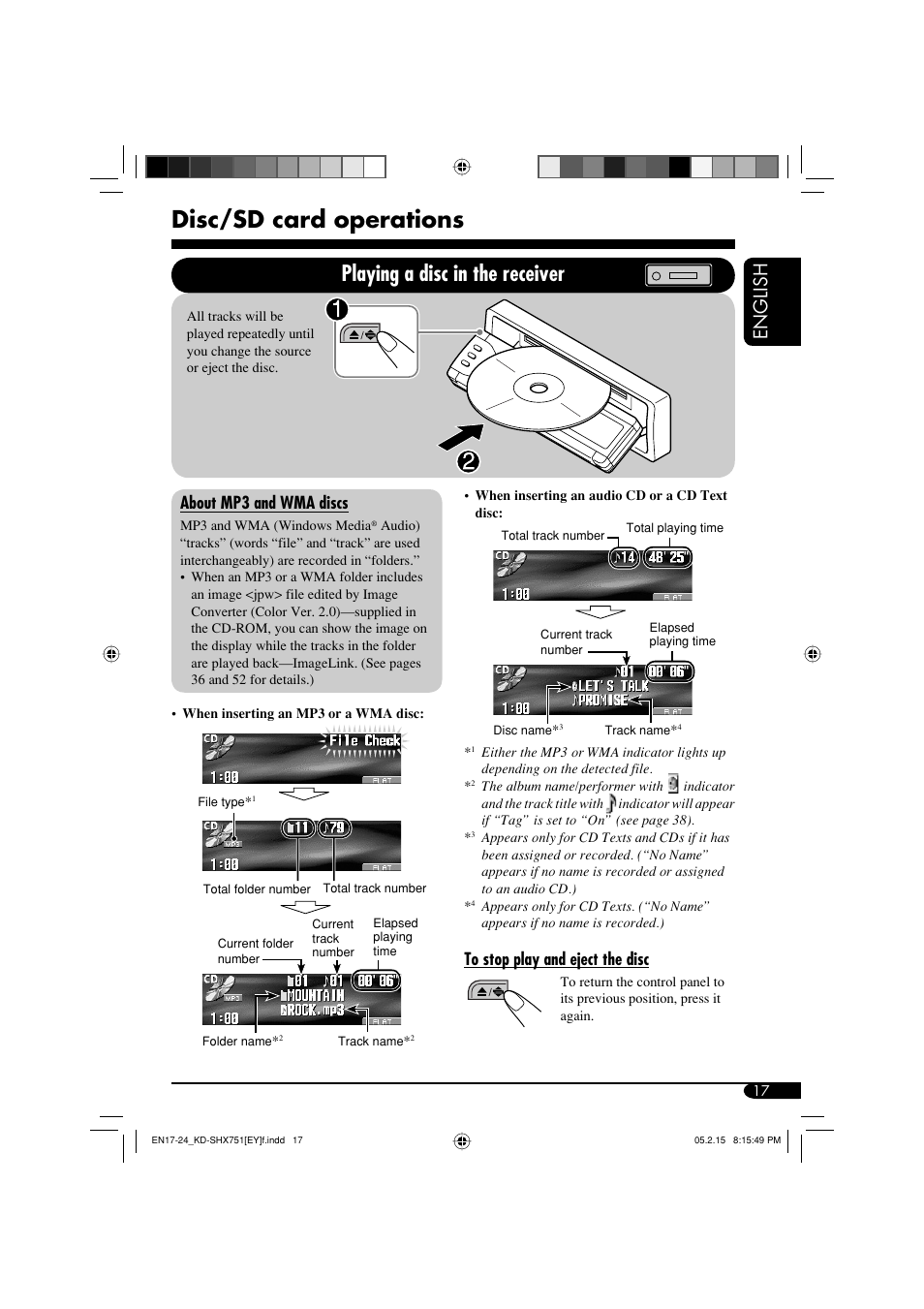 Disc/sd card operations, Playing a disc in the receiver, English | About mp3 and wma discs | JVC KD-SHX751 User Manual | Page 17 / 171